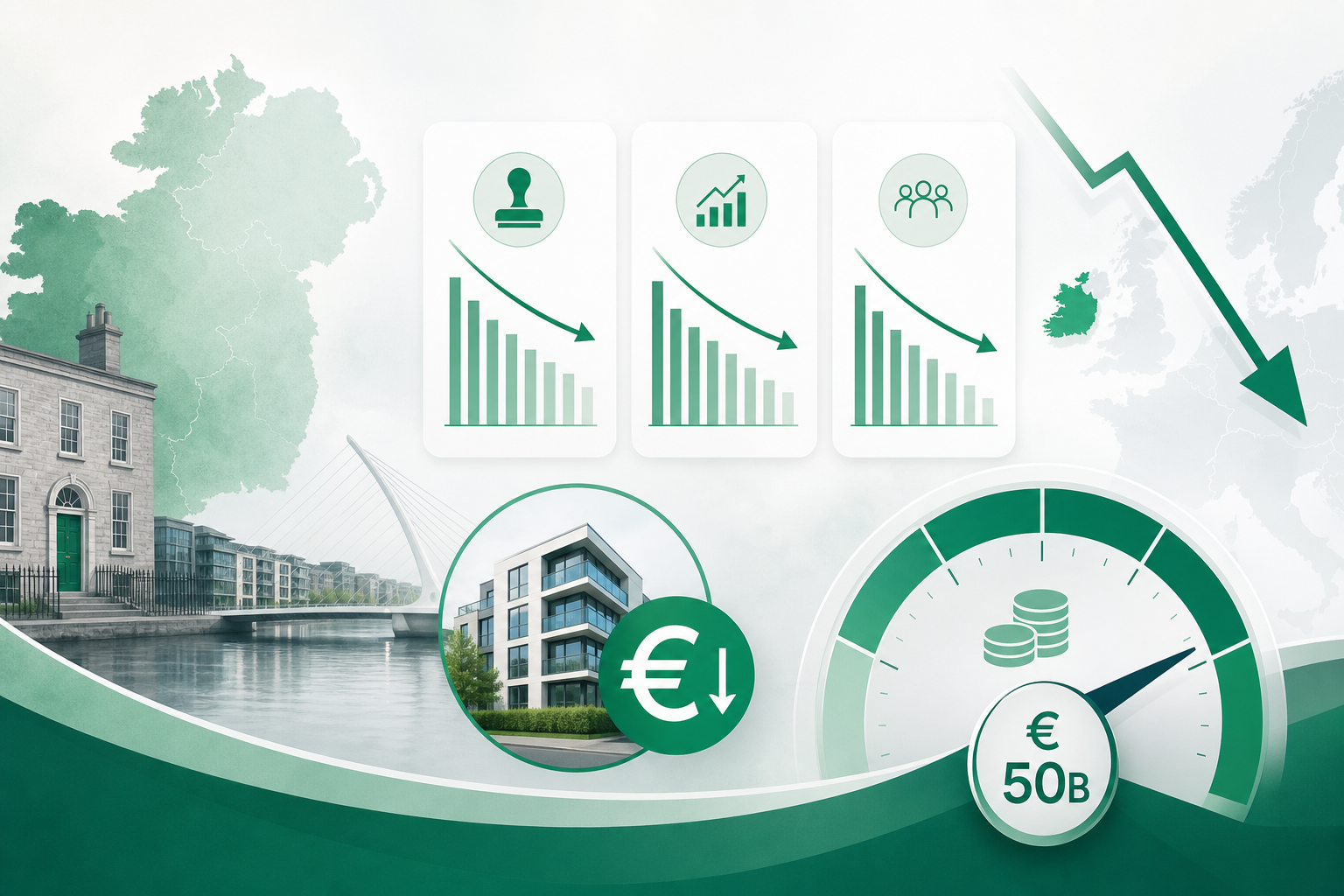 Cover illustration for "Ireland H1 2026: Stamp Duty, CGT, and CAT Receipts Fall as Property Activity Cools" — Finance article on FinnAccountings
