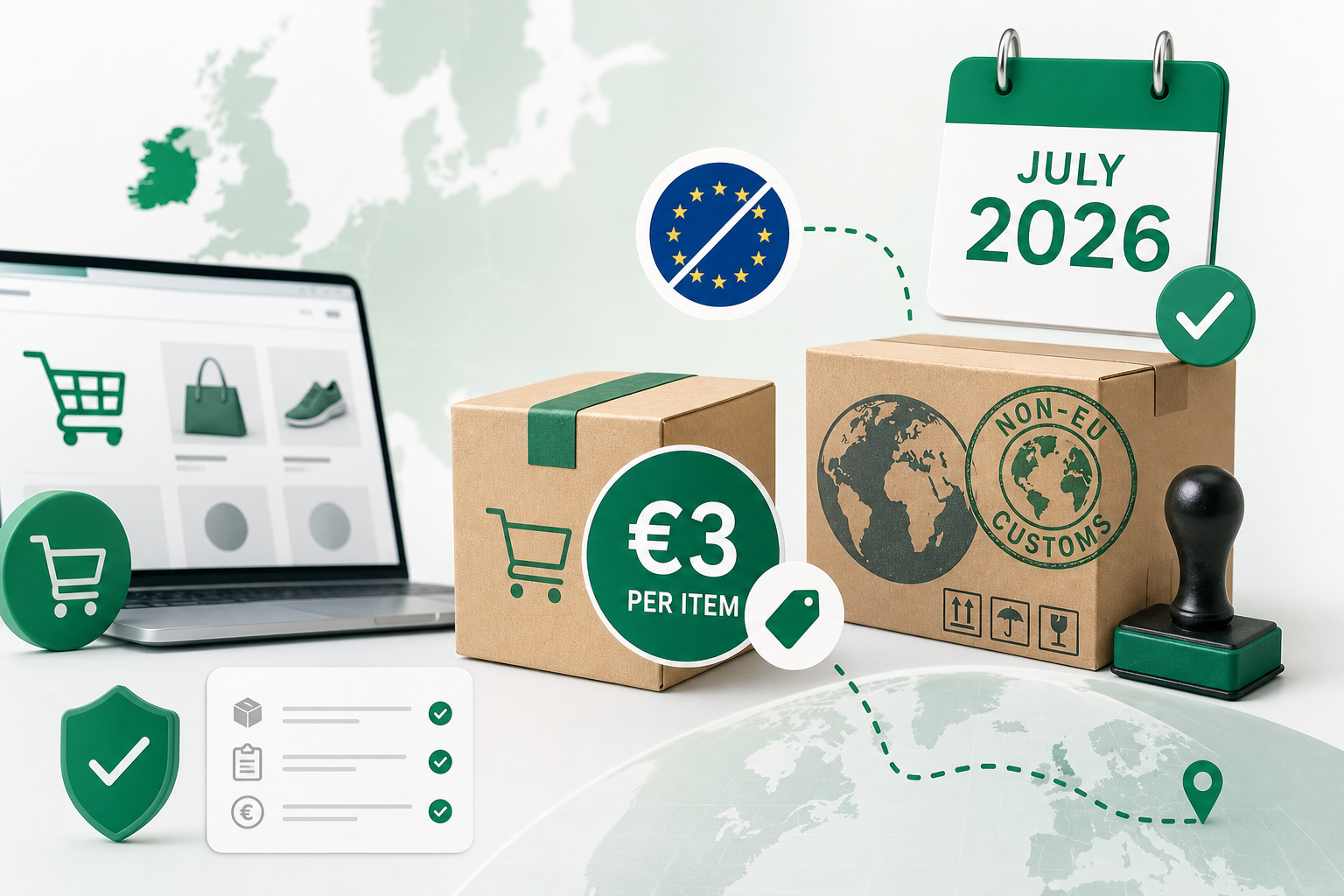 Cover illustration for "Ireland's €3 Customs Duty on Non-EU Parcels Is Now Live: What Online Shoppers and Sellers Owe" — VAT article on FinnAccountings