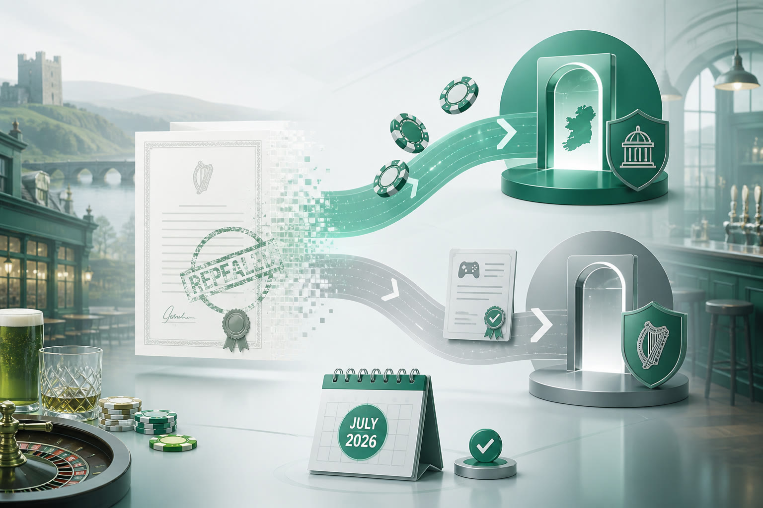 Cover illustration for "Ireland Excise Licences: Revenue Updates Guide After GRAI Transition (eBrief 113/26)" — Compliance article on FinnAccountings