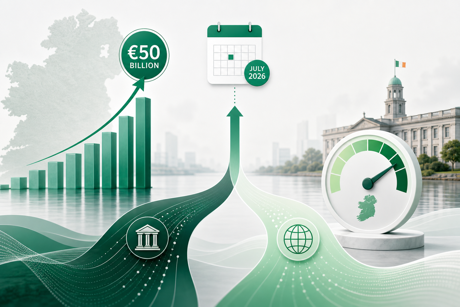 Cover illustration for "Ireland's H1 Tax Receipts Hit €50bn as Pillar Two Payments Land in July Returns" — Finance article on FinnAccountings