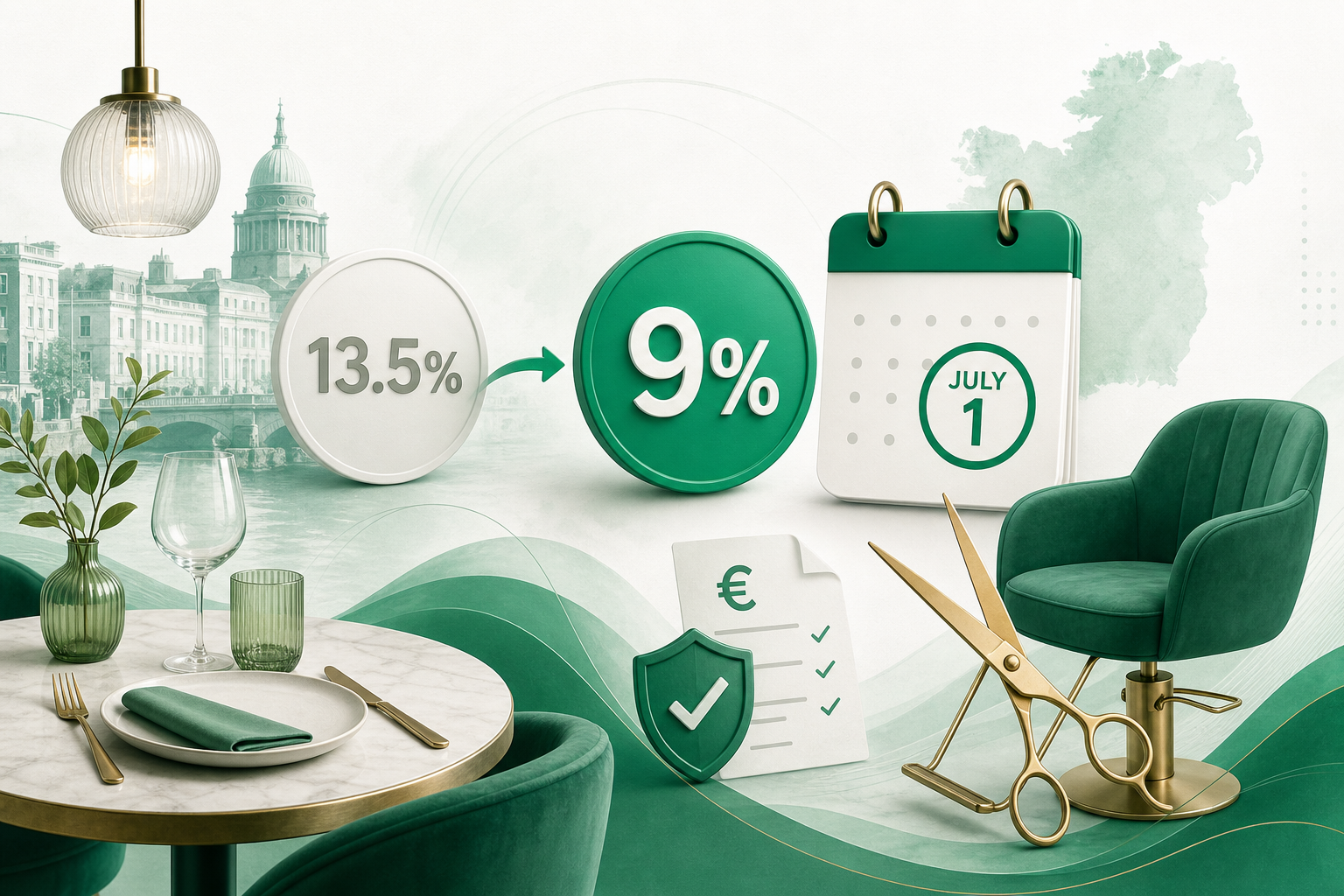 Cover illustration for "Ireland's 9% Hospitality VAT Is Now Live: First-Week Compliance After 1 July 2026" — VAT article on FinnAccountings