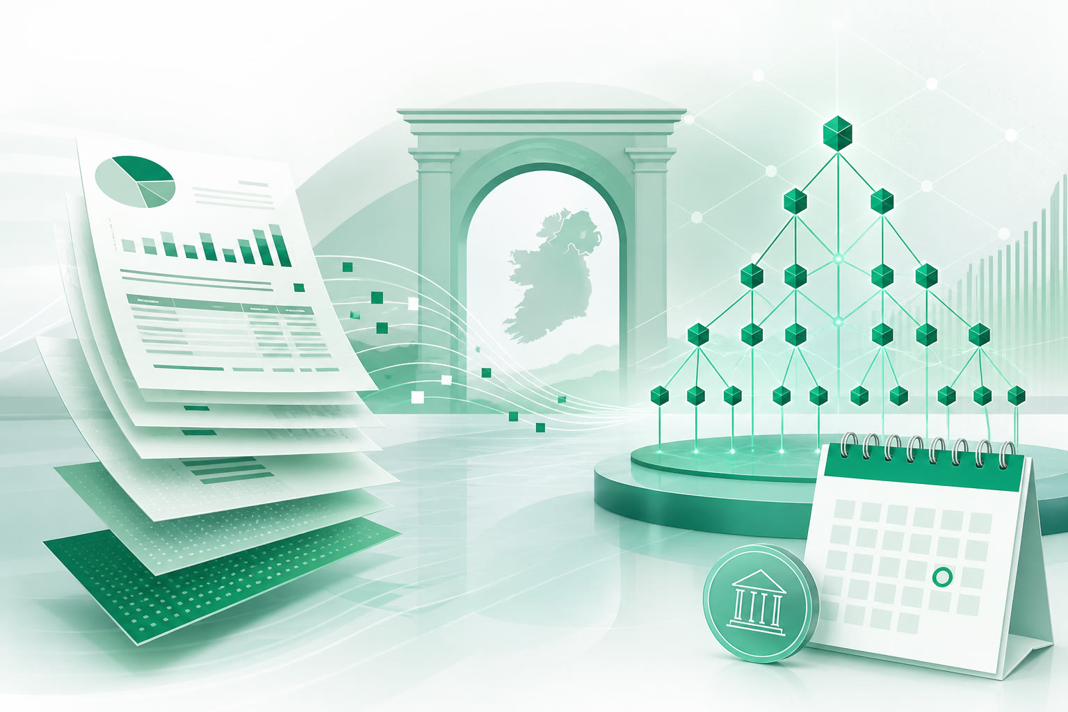 Cover illustration for "Ireland iXBRL: Revenue Accepts 2026 Irish Extension Taxonomies" — Compliance article on FinnAccountings