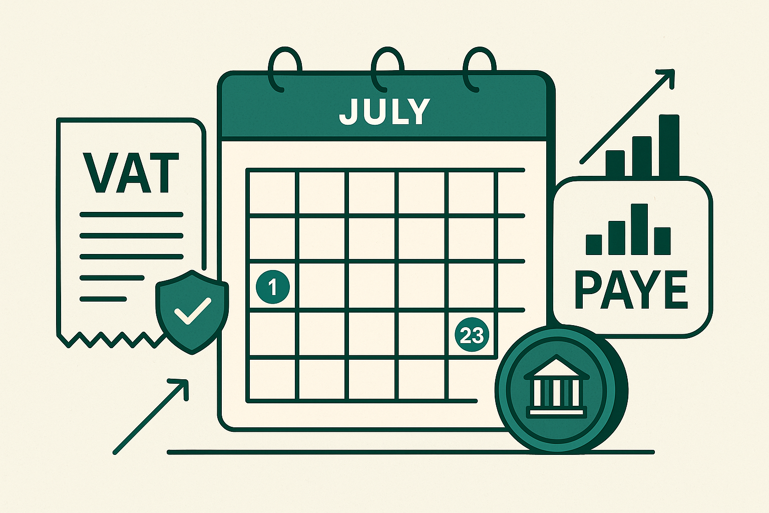 Cover illustration for "Ireland Tax Deadlines for July 2026: VAT, PAYE, and the 9% Rate Change" — Tax article on FinnAccountings