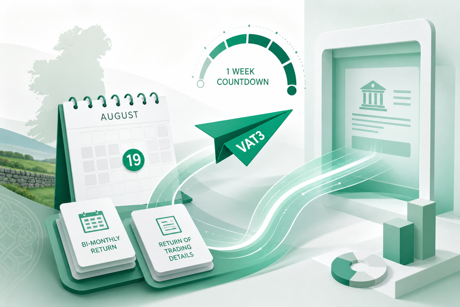 Cover illustration for "Ireland VAT 3: One Week to the 19 August July Return" — VAT article on FinnAccountings