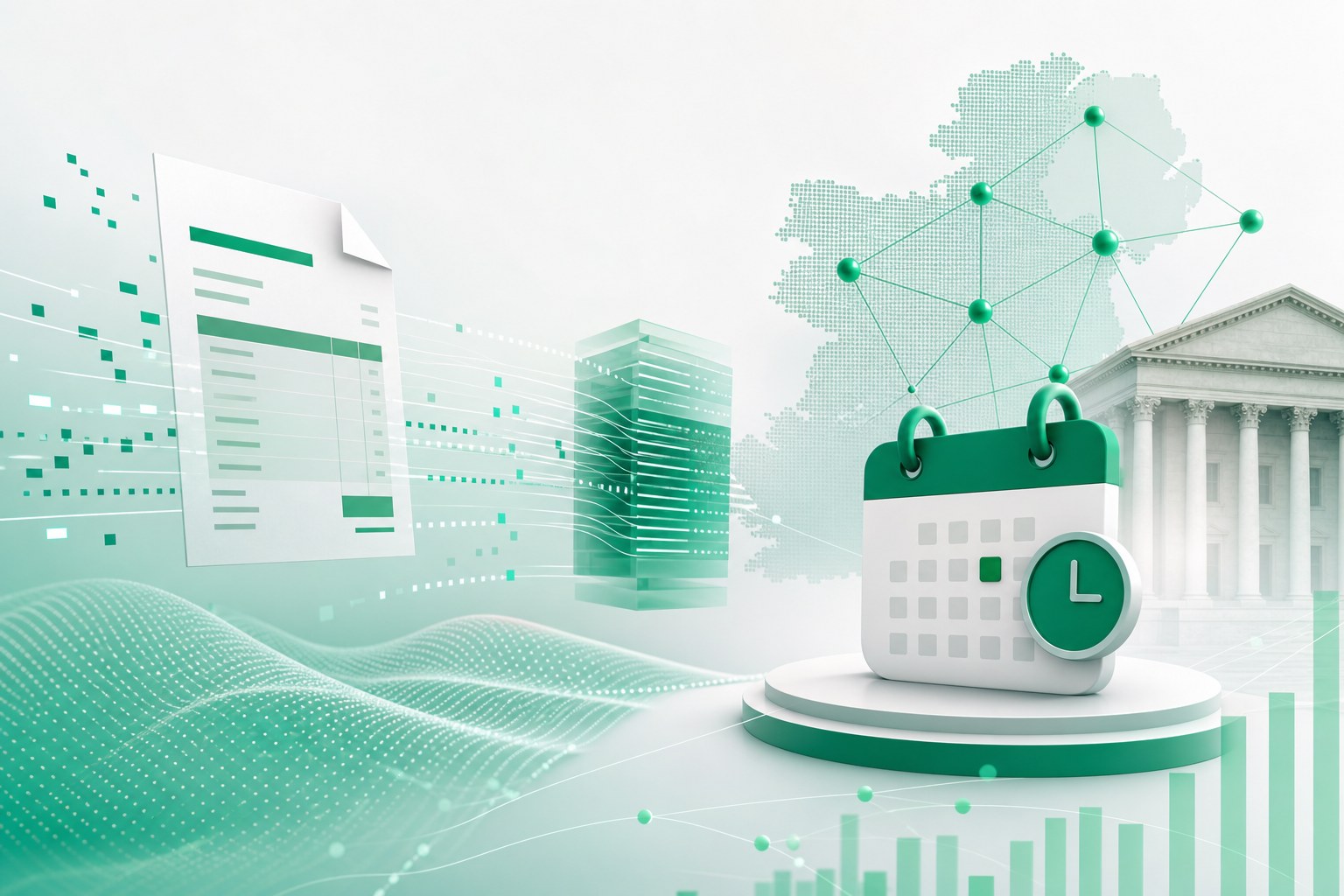 Cover illustration for "Ireland ViDA E-Invoicing Phase One: Large Corporates from 1 November 2028" — VAT article on FinnAccountings