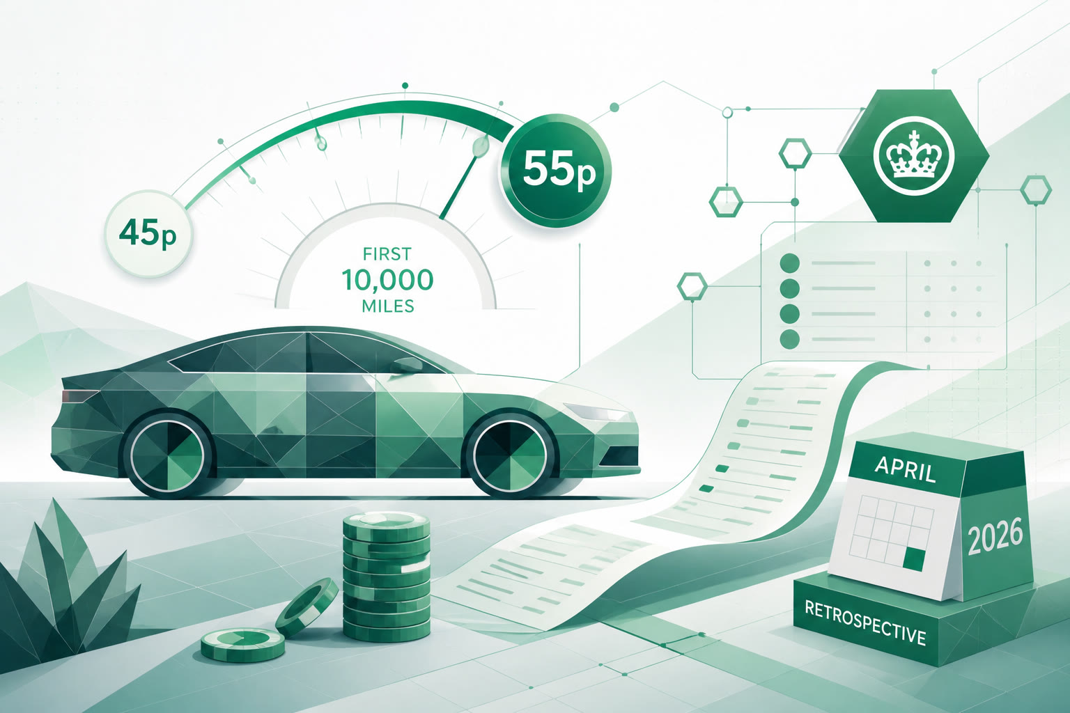 Cover illustration for "UK Mileage Rates Rise to 55p: AMAPs and Simplified Expenses for 2026/27" — Tax article on FinnAccountings