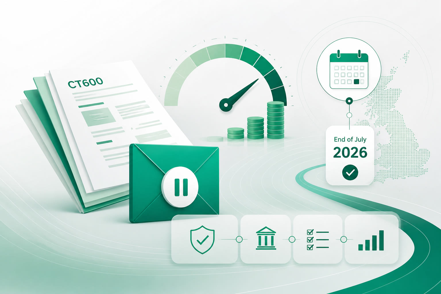Cover illustration for "UK Corporation Tax Late Filing Penalties: HMRC Notice Pause Extended to End-July 2026" — Compliance article on FinnAccountings