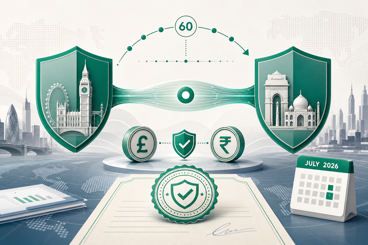 Cover illustration for "UK–India Double Contributions Convention: NICs Rules from 15 July 2026" — Payroll article on FinnAccountings