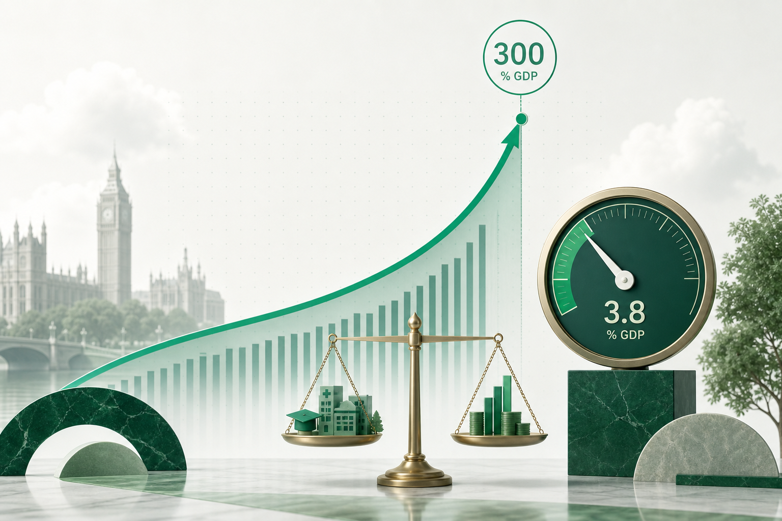 Cover illustration for "OBR July 2026: UK Debt Path to 300% of GDP — What SMEs Should Watch" — Finance article on FinnAccountings