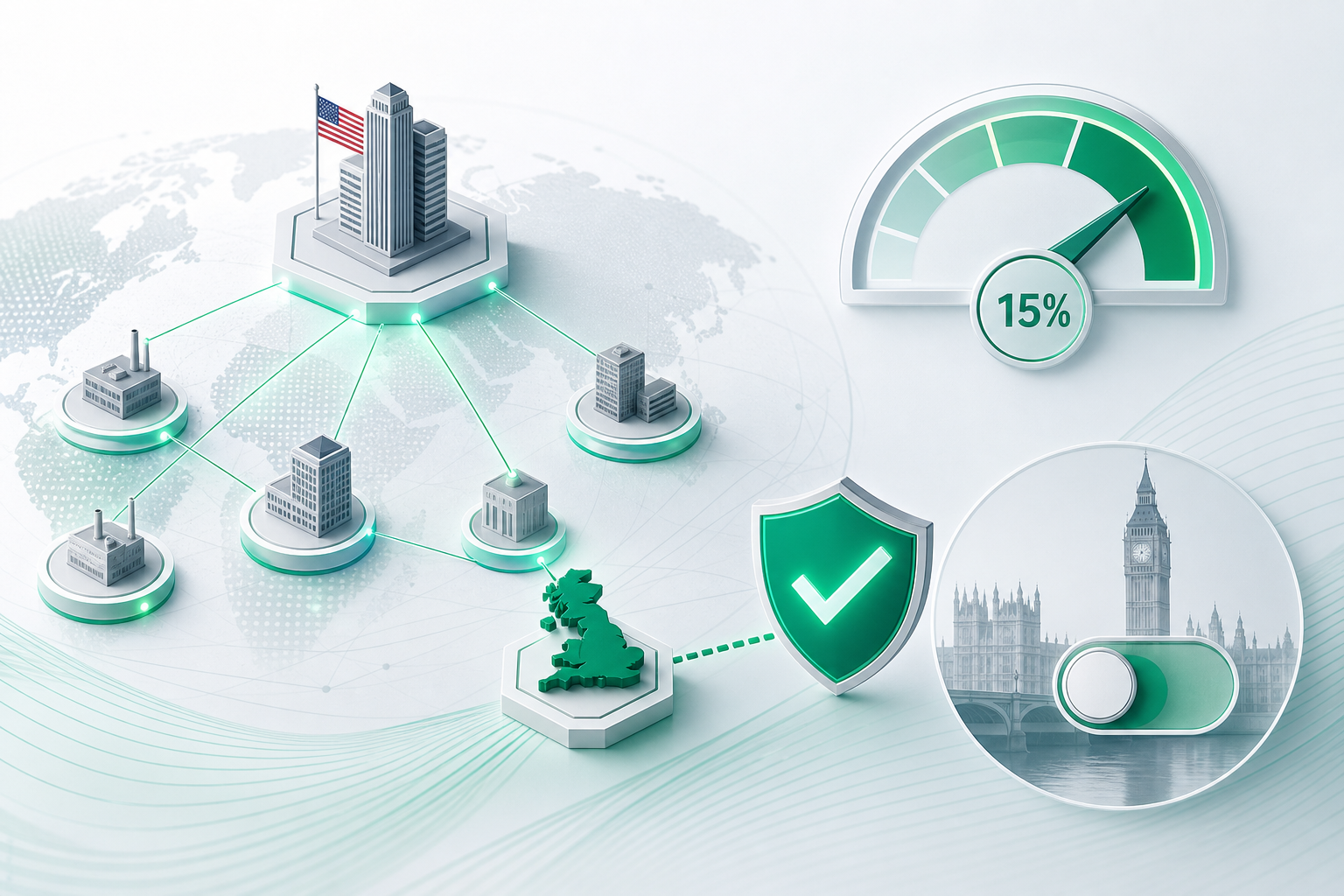 Cover illustration for "UK Draft Law Implements OECD Pillar Two Side-by-Side Package for US-Parented Groups" — Tax article on FinnAccountings
