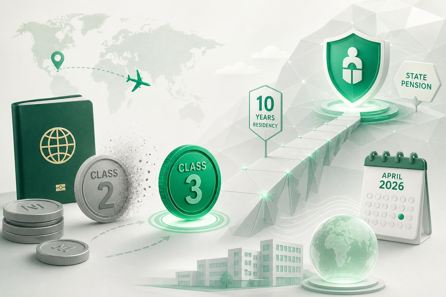 Cover illustration for "Class 2 NICs Abroad Ended: Pay Class 3 Instead from April 2026" — Compliance article on FinnAccountings